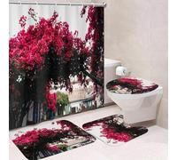 Lot de 4 rideaux de douche motif plantes méditerranéennes avec tapis de bain, tapis en forme de U, tapis de toilette, 12 crochets, imperméable, 180 x 180 cm, décoration de salle de bain élégante