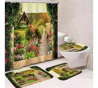 Lot de 4 rideaux de douche motif plantes méditerranéennes avec tapis de bain, tapis en forme de U, tapis de toilette, 12 crochets, imperméable, 180 x 180 cm, décoration de salle de bain, design