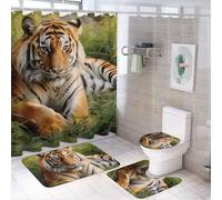 Lot de 4 rideaux de douche Tigre allongé sur l'herbe, tapis de bain antidérapant avec housse d'abattant de toilette et rideau de douche imperméable avec 12 crochets, ensemble complet de salle de bain