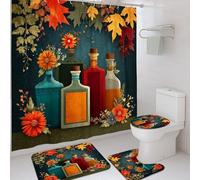 Lot de 4 rideaux de douche vintage en forme de bouteilles en verre, tapis de bain à motif floral automnal orange vert, tapis de bain accessoires pour décoration de salle de bain, ensemble de rideau de