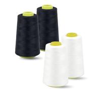Lot de 4 rouleaux de fil à coudre en polyester, 2 blancs et 2 noirs, pour machine à coudre de 3000 yards (2743 mètres) au total, 12 000 yards de fil indéchirable pour machine à coudre
