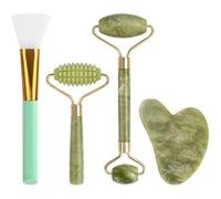 Lot de 4 rouleaux de jade et kits de massage Gua Sha, rouleau anti-âge naturel pour le visage, avec brosse à masque, vert
