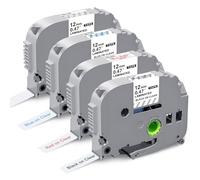 Lot de 4 rouleaux de ruban adhésif transparent de rechange pour Brother P Touch Clear TZ Tape 12 mm 0,47 Laminé transparent TZE131 TZE132 133 135 Noir/rouge/bleu/blanc sur transparent pour Brother PT-D600 PTD400AD