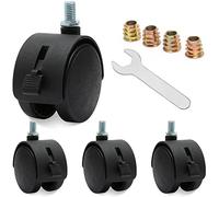 Lot de 4 roulettes pivotantes en nylon avec frein, 5,1 cm, noires avec écrou de tige fileté M7.5 et clé, noir