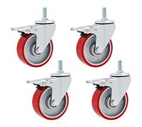Lot de 4 roulettes pivotantes robustes, fixation par boulon M12 x 30 mm, capacité de charge de 600 kg, polyuréthane rouge, for chariots et chariots de service.(Brake,3in)
