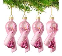 Lot de 4 rubans de Noël en verre soufflé - Décoration de Noël rose - Décoration de sensibilisation au cancer du sein - Décoration de fête