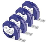 Lot de 4 rubans d'étiquettes compatibles avec Dymo Letratag Plastic Silver 12 mm x 4 m 91228 pour Dymo LetraTag LT-200B Noir sur argent