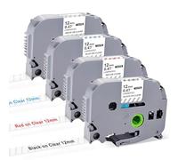 Lot de 4 rubans d'étiquettes de rechange pour Brother Tze Tz Tape 12 mm 0,47 Transparent laminé Noirblancbleurouge sur transparent, Tze131 Tze132 Tze133 Tze135 pour Ptouch Label Maker PTD400AD