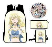 Lot de 4 sacs à dos Fairy Tail - Sac à dos pour étudiant - Anime Lucy Heartfilia - Impression de dessin animé - Sac à bandoulière - Trousse à crayons - Autocollant unisexe - Sac d'école - Sac à dos