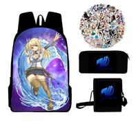 Lot de 4 sacs à dos Fairy Tail - Sac à dos pour étudiant - Anime Lucy Heartfilia - Impression de dessin animé - Sac à bandoulière - Trousse à crayons - Autocollant unisexe - Sac d'école - Sac à dos