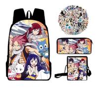 Lot de 4 sacs à dos Fairy Tail - Sac à dos pour étudiant - Anime Lucy Heartfilia - Impression de dessin animé - Sac à bandoulière - Trousse à crayons - Autocollant unisexe - Sac d'école - Sac à dos
