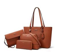 Lot de 4 sacs à main tendance en cuir synthétique avec poignée sur le dessus pour femme, marron, Large