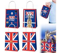 Lot de 4 sacs cadeaux en papier kraft avec motif drapeau du Royaume-Uni pour couronnement du roi Charles III, sac fourre-tout avec poignées pour couronnement royal, accessoires de fête royale