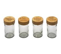 Lot de 4 salières à épices, poivrière, salière, avec couvercle en bambou et inscription en allemand - Capacité : 80 ml : « Salziges Wunder», « Salière » « Spiz dich glücklich » « Épice magique »