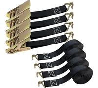 Lot de 4 sangles à cliquet noires de 2,5 cm x 6 m avec crochet en métal, utilisées pour déplacer des marchandises, motos, voitures, remorques, etc