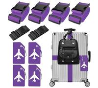 Lot de 4 sangles de valise, 4 étiquettes de bagage et 2 pièces - Ajoutez une sangle de bagage - Sangle de valise réglable - Sangle de bagage attrayante pour valise (violet)