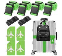 Lot de 4 sangles de valise, 4 étiquettes de bagage et 2 pièces - Ajoutez une sangle de bagage - Sangle de valise réglable - Sangle de bagage attrayante pour valise (vert)