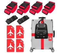 Lot de 4 sangles de valise, 4 étiquettes de bagage et 2 pièces - Ajoutez une sangle de bagage - Sangle de valise réglable - Sangle de bagage attrayante pour valise (rouge)
