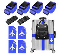 Lot de 4 sangles de valise, 4 étiquettes de bagage et 2 pièces - Ajoutez une sangle de bagage - Sangle de valise réglable - Sangle de bagage attrayante pour valise (bleu)