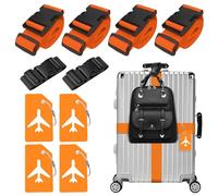 Lot de 4 sangles de valise, 4 étiquettes de bagage et 2 pièces - Ajoutez une sangle de bagage - Sangle de valise réglable - Sangle de bagage attrayante pour valise (orange)