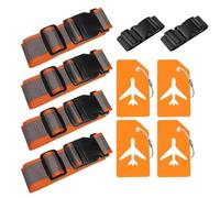 Lot de 4 sangles de valise, 4 étiquettes de bagage et 2 pièces - Ajoutez une sangle de bagage - Sangle de valise réglable - Sangle de bagage attrayante pour valise (orange gris)