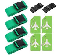 Lot de 4 sangles de valise, 4 étiquettes de bagage et 2 pièces - Ajoutez une sangle de bagage - Sangle de valise réglable - Sangle de bagage attrayante pour valise (vert foncé)