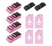 Lot de 4 sangles de valise, 4 étiquettes de bagage et 2 pièces - Ajoutez une sangle de bagage - Sangle de valise réglable - Sangle de bagage attrayante pour valise (rose)