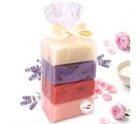 Lot de 4 savons au lait de bre lassique, lavande, rose avec fleurs, pivoine - Savon naturel avec lanoline et huiles végétales - Fabriqué en Autriche - Crémeux et doux