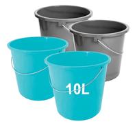 Lot de 4 seaux de nettoyage avec graduation - 10 litres, poignées en métal extra solides, plastique PP, adapté à un usage alimentaire, sans Bpa, couleurs : anthracite, bleu, fabriqué en UE, modèle Ina