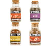 Lot de 4 Sels Marins Portugais Aromatisés de 150 g Chacun : Piment, Ail, Paprika et Paprika au Laurier. Élection de Condiments Gastronomiques du Portugal.