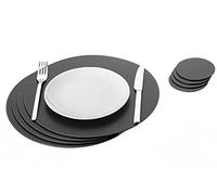 Lot de 4 Set de Table Rond et 4 desous de Verres, Set de Table 33 cm de diamètre et sous-bock 10 cm, Cuir Naturel recyclé (Noir)