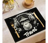 Lot de 4 Set de Table Streetwear Graffiti Sets de Table Casque Audio Singe 45x30cm Sets de Table en Lin Noir Et Blanc Lavables pour Maison Cuisine Cabane de Campagne Fermes