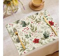 Lot de 4 Set de Table Style Forêt Noël Sets de Table Fleurs Rouges Feuilles Vertes 45x30cm Sets de Table en Lin Rouge Vert Lavables pour Maison Cuisine Cabane de Campagne Fermes
