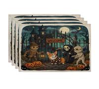 Lot de 4 sets de table amusants d'Halloween effrayants en forme de chien Corgi, 30,5 x 45,7 cm, motif maison hantée d'horreur pour dîner, vacances effrayantes, décoration de cuisine