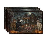 Lot de 4 sets de table amusants pour Halloween motif chien Basenji effrayant, 30,5 x 45,7 cm, maison hantée d'horreur pour dîner, vacances effrayantes, décoration de cuisine