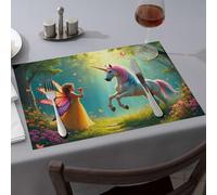 Lot de 4 sets de table bleus « A Fairy Plays The Flute to A Unicorn in A Magical Forest » - Sets de table de Pâques