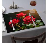 Lot de 4 sets de table bleus avec trois roses rouges vives en pleine floraison pour salle à manger et cuisine