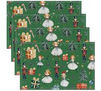 Lot de 4 Sets de Table Cache-Noix de Noël,Tapis de Table 45x30cm Arbre de Noël À Cravate Rouge,Sets de Table Flocon de Neige de Princesse de Ballet Mignon Soldat Royal Guard de Dessin Animé,Vert