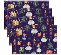 Lot de 4 Sets de Table Cache-Noix de Noël,Tapis de Table 45x30cm Arbre de Noël À Cravate Rouge,Sets de Table Flocon de Neige de Princesse de Ballet Mignon Soldat Royal Guard de Dessin Animé,Indigo