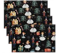 Lot de 4 Sets de Table Cache-Noix de Noël,Tapis de Table 45x30cm Arbre de Noël À Cravate Rouge,Sets de Table Flocon de Neige de Princesse de Ballet Mignon Soldat Royal Guard de Dessin Animé,Noir