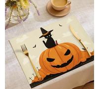 Lot de 4 Sets De Table Chat Noir Lanterne Citrouille | Dessous Table Antidérapants Dessin Animé Mignon Halloween 45x30cm Résistant à La Chaleur, Lavables, Décoration De Tables pour Cuisine, Orange