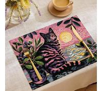 Lot de 4 Sets de Table Chat Tigré Plante, Résistant à la Chaleur Coton et Lin Fauvisme Illustration Rose Set de Table - Lavables et Antidérapants, pour Décoration de Cuisine à Manger, 45x30cm