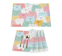 Lot de 4 sets de table colorés en vinyle motif tête de chat pour table de salle à manger, sets de table de cuisine, résistants à la chaleur, lavables et lavables en PVC