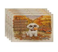Lot de 4 sets de table d'automne motif bichon frisé, 30,5 x 45,7 cm, camping, camion, scénique, pour salle à manger, vacances, décoration de cuisine