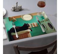 Lot de 4 sets de table de Pâques avec chat noir dans un panier à linge, sets de table de cuisine et salle à manger, cadeaux dorés pour filles