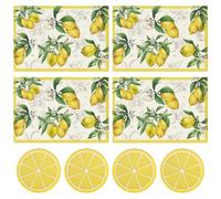 Lot de 4 sets de table décoratifs avec citron, 4 dessous de verre au citron, tapis de vaisselle pour l'extérieur, fournitures de cuisine, sets de table décoratifs pour les fêtes