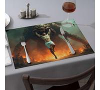 Lot de 4 sets de table décoratifs pour la maison Un homme musclé est soulevé par un monstre géant dans une ville brûlante - Sets de table printaniers - Décorations de table de Pâques