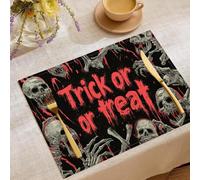 Lot de 4 Sets De Table des Bonbons Ou Un Sort Crâne | 45x30cm Halloween Rétro Horreur Sets De Table Lavable Absorbant Dessous Assietter pour Cuisine, Salle à Manger, Fêtes, Décoration, Noir