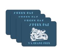 Lot de 4 Sets de Table Dessous en Caoutchouc Bleu - J'Peux Pas Y'a Grand Prix Moto Course Mécanique GP - Grand Format 39,5 x 28,5 cm