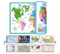 Lot de 4 sets de table double face, lavables et réutilisables - Mathématiques, univers, table périodique, président américain, corps humain, carte des États-Unis et du monde - Sets de table éducatifs